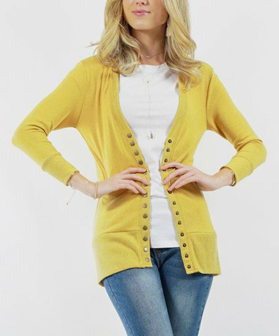 Women * | Coupon 42Pops Bright Golden Wasabi Long-Sleeve Snap-Button Cardigan Women