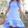 Women * | Top 10 42Pops Spring Blue Ruffle-Hem Short-Sleeve Pocket Dress Women