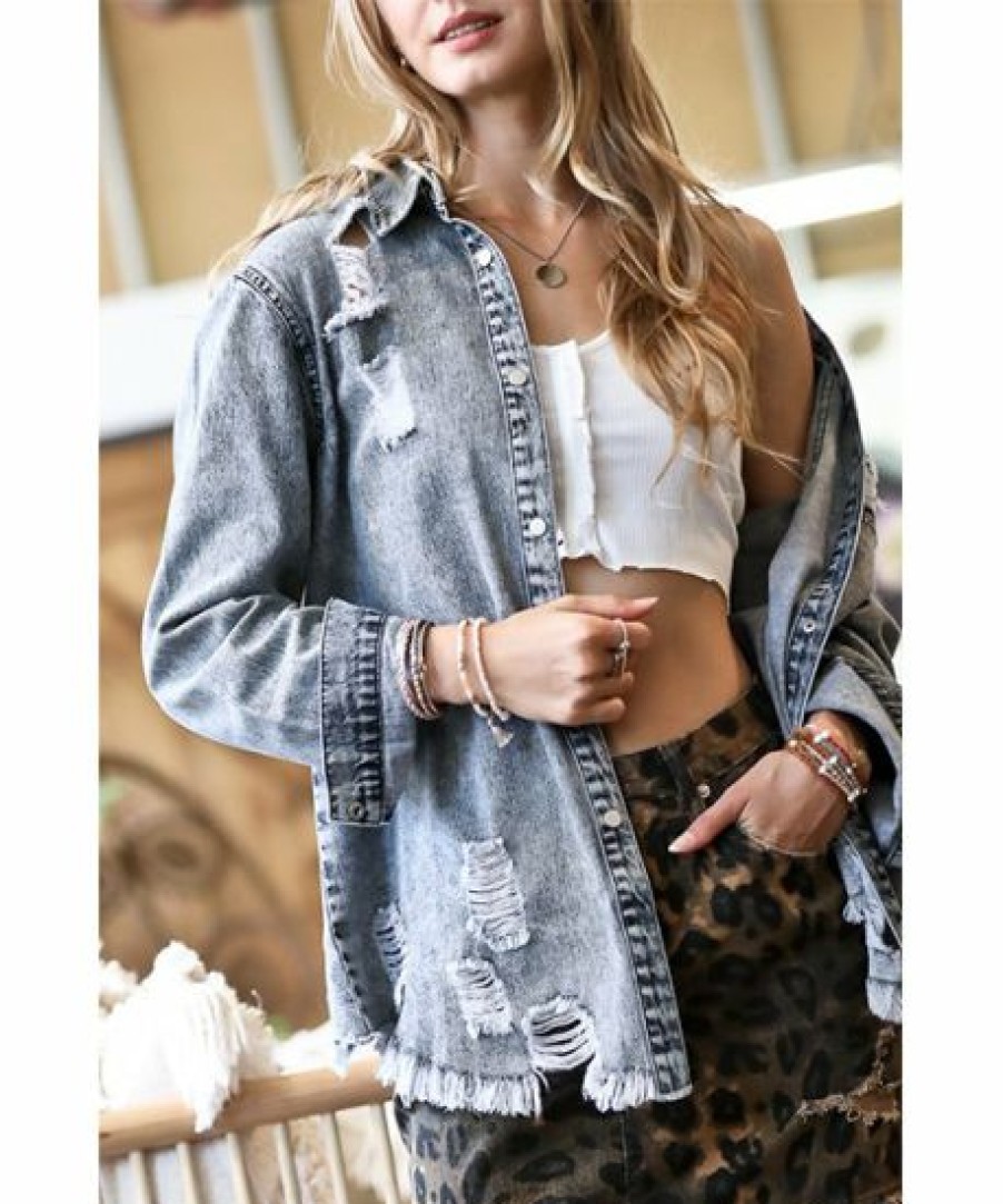 Women * | Discount 42Pops Gray Denim Distressed Pocket Button-Down Top Women