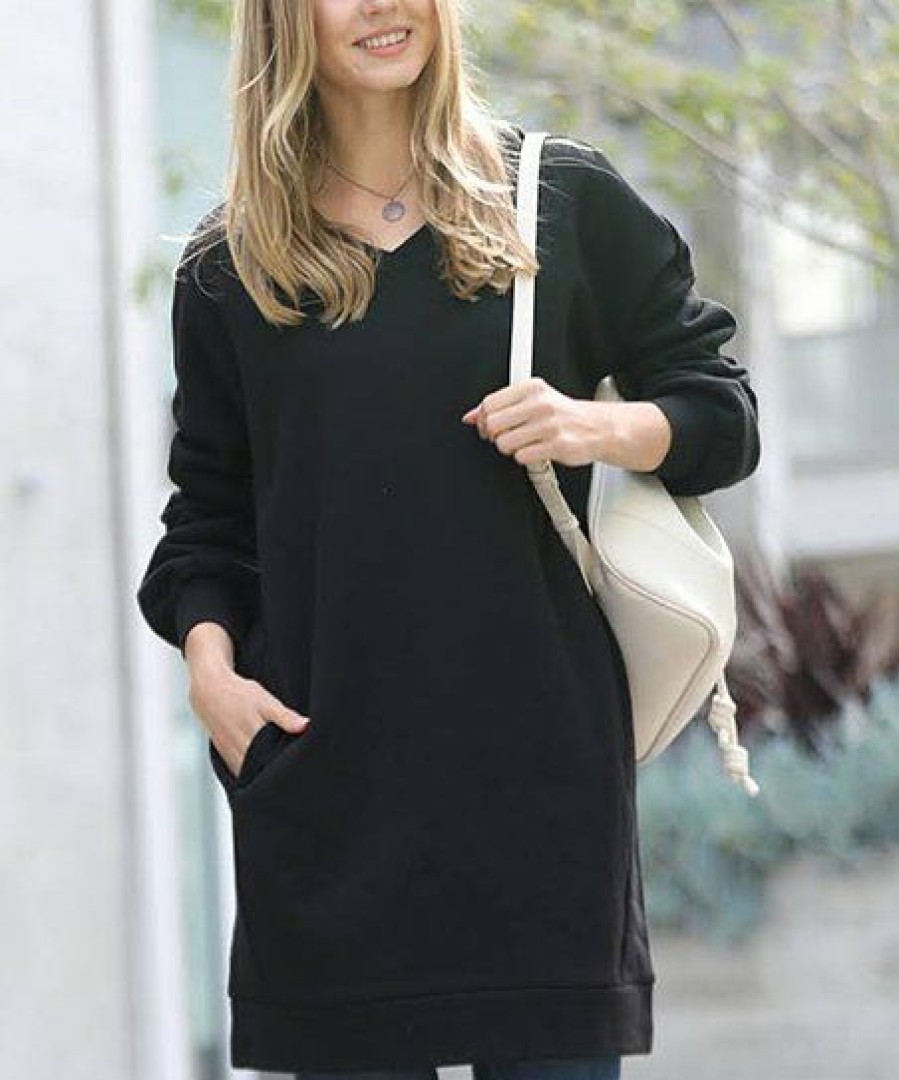 Women * | Cheap 42Pops Black V-Neck Pocket Sweatshirt Dress Women