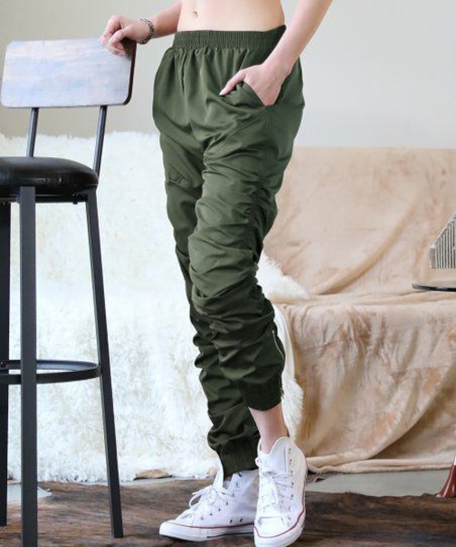 Women * | Best Deal 42Pops Army Green Ruched Elastic-Waist Zip-Cuff Pocket Joggers Women