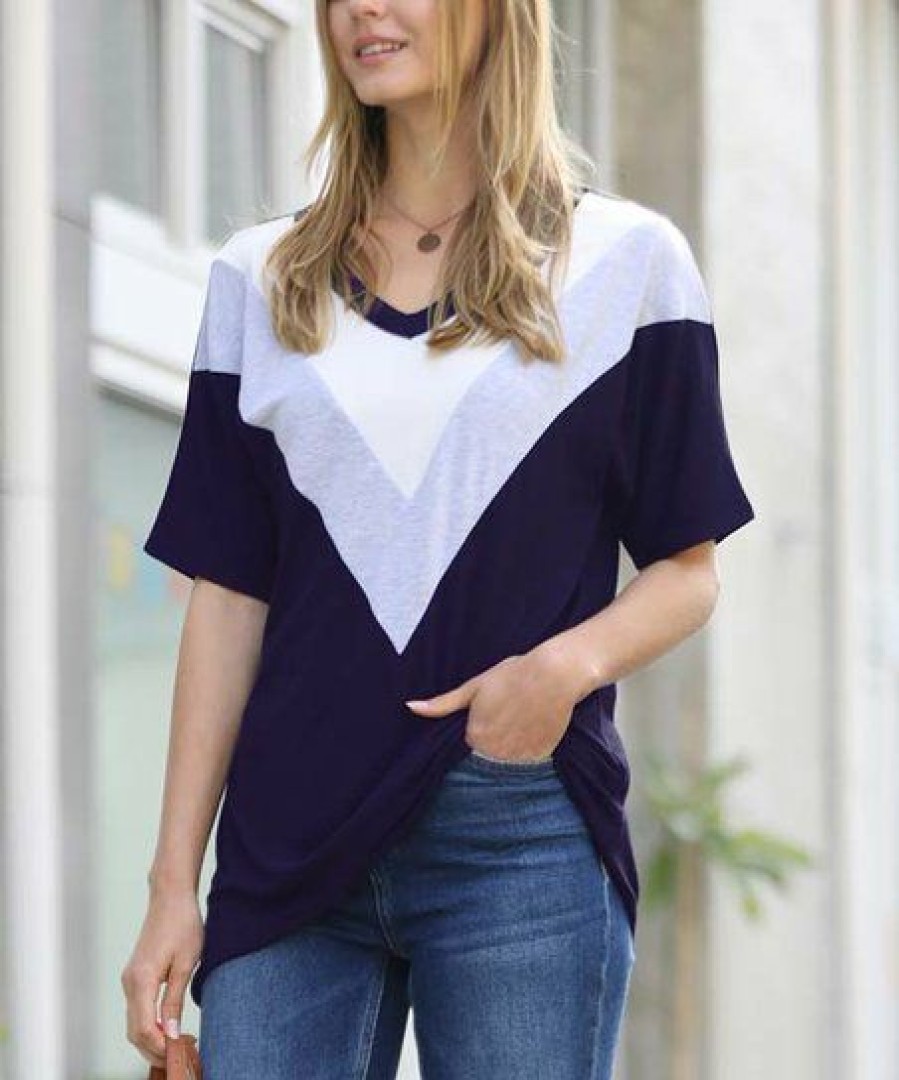 Other * | New 42Pops Navy Chevron Color Block V-Neck Short-Sleeve Top Women