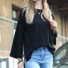 Women * | Coupon 42Pops Black Crewneck Bell-Sleeve Hi-Low Sweater Women