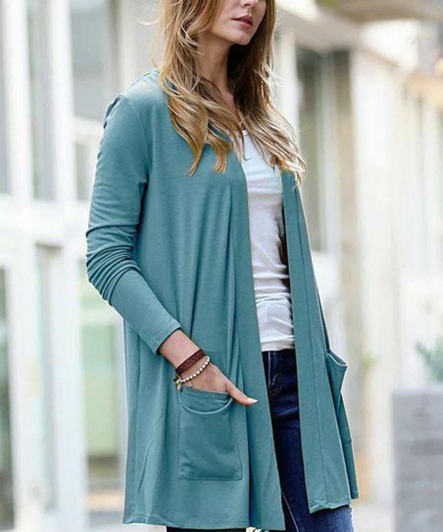 Women * | Top 10 42Pops Dusty Teal Slouchy Pocket Open Cardigan Women