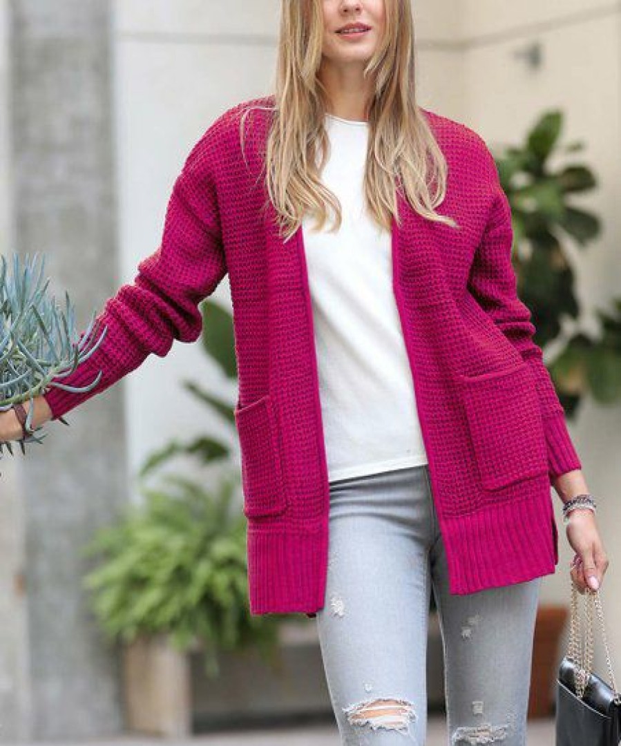 Women * | Flash Sale 42Pops Magenta Waffle Side-Slit Pocket Open Cardigan Women