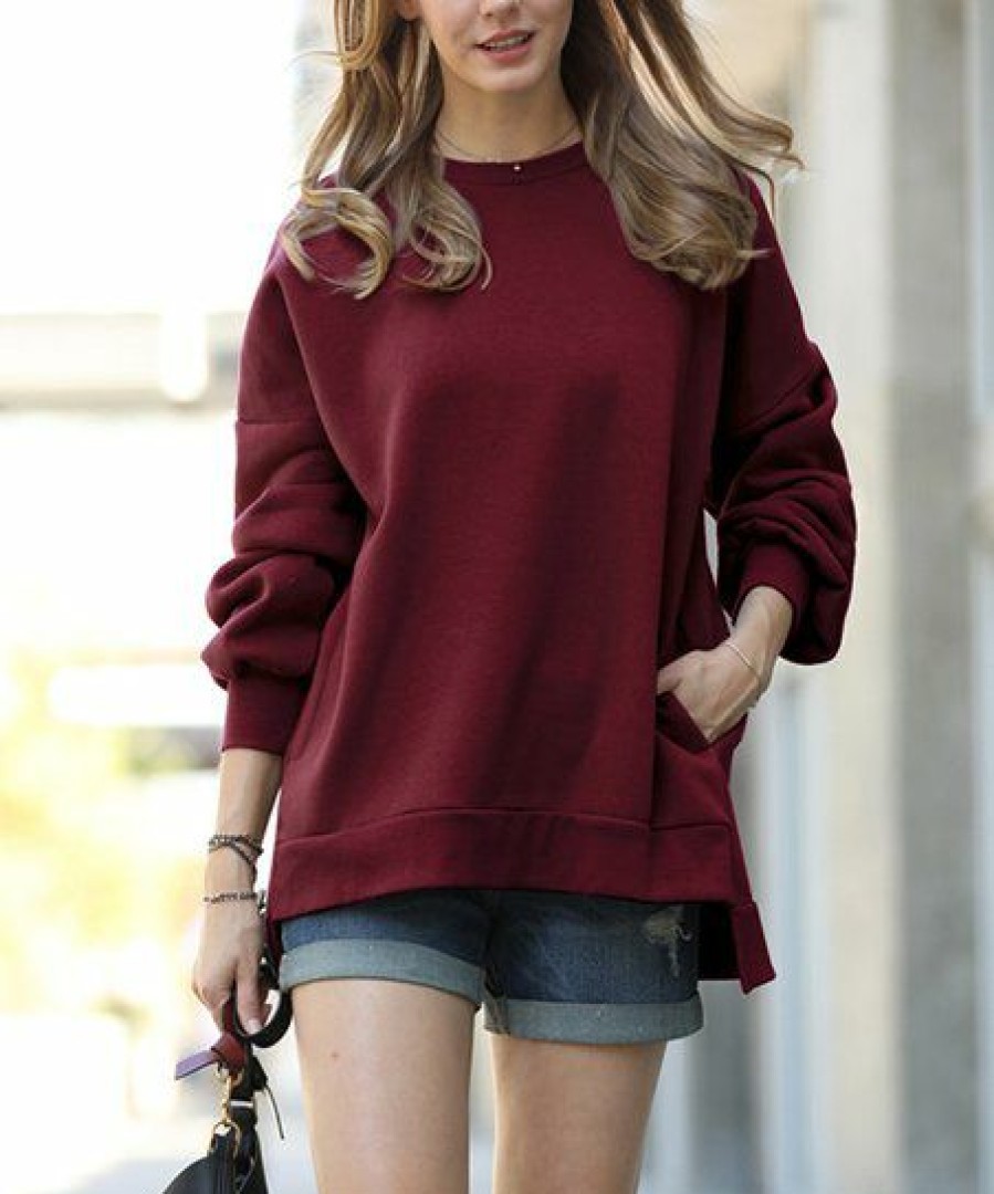 Women * | Brand New 42Pops Dark Burgundy Crewneck Long-Sleeve Hi-Low Pocket Sweatshirt Women