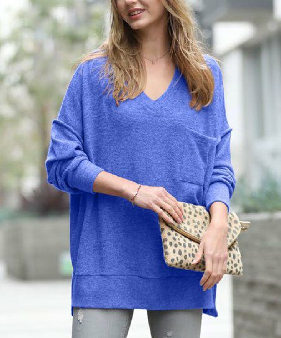 Women * | Best Deal 42Pops Bright Blue Melange V-Neck Hi-Low Pocket Sweater Women