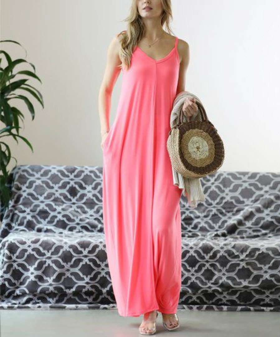 Women * | Coupon 42Pops Coral Pink V-Neck Cami Pocket Maxi Dress Women