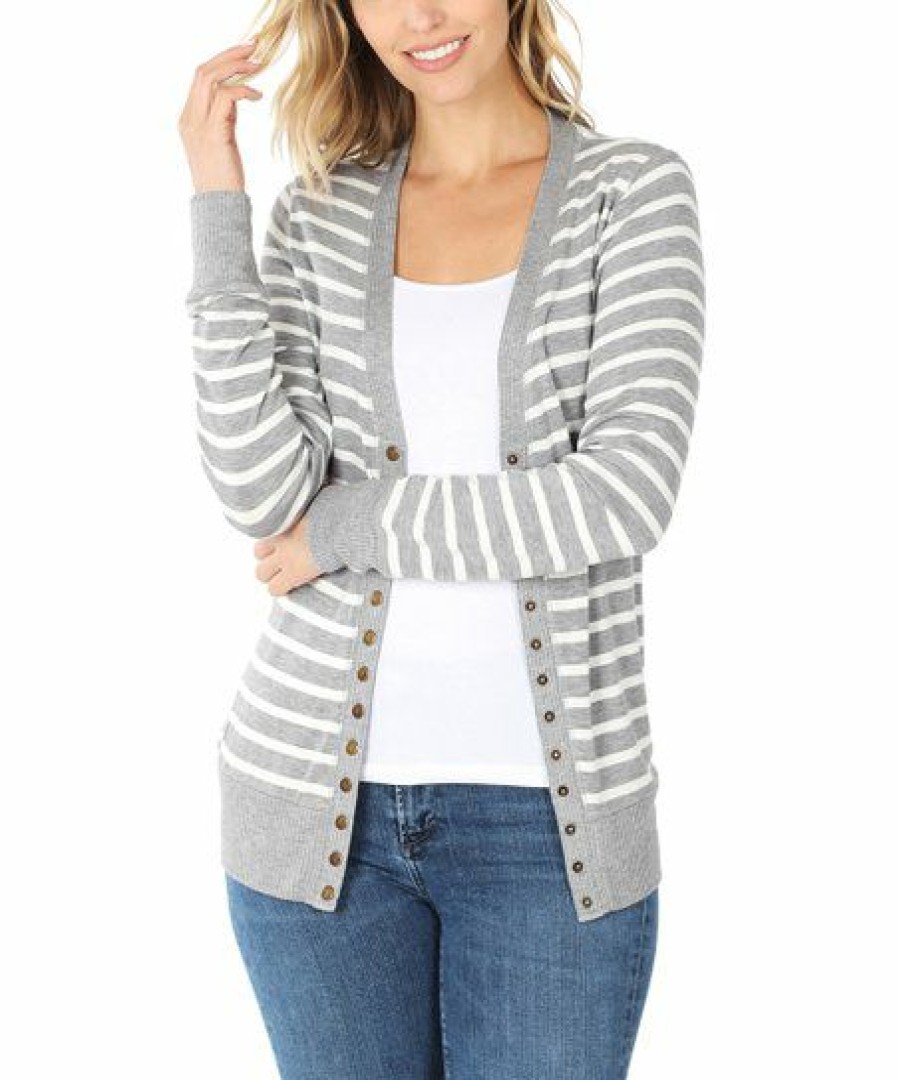 Women * | Brand New 42Pops Heather Gray & Ivory Stripe Snap-Front Cardigan Women