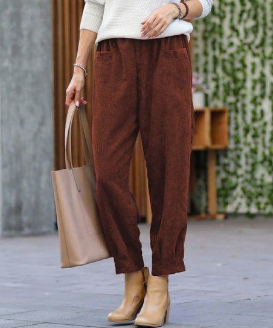 Women * | Cheapest 42Pops Dark Rust Corduroy Pocket Straight-Leg Pants Women