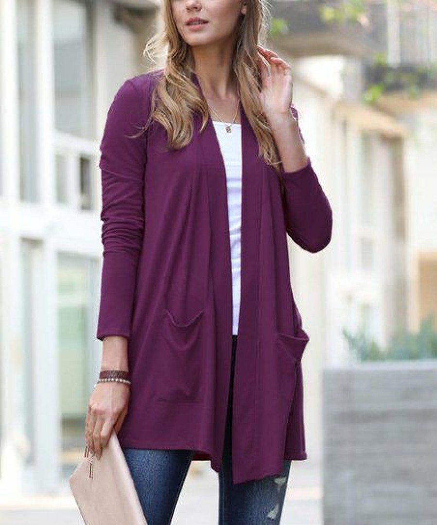 Women * | Budget 42Pops Dark Plum Pocket Open Cardigan Women