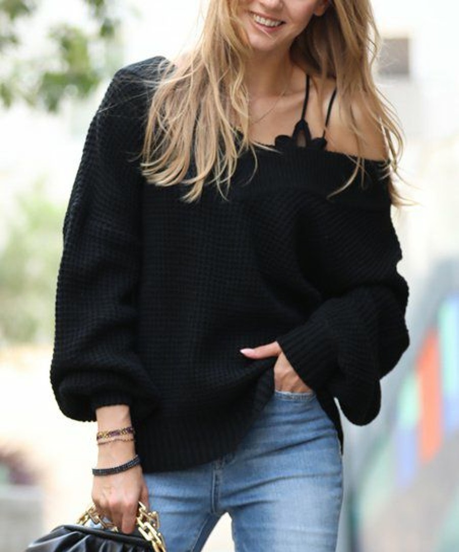 Women * | New 42Pops Black Double V-Neck Balloon-Sleeve Sweater Women