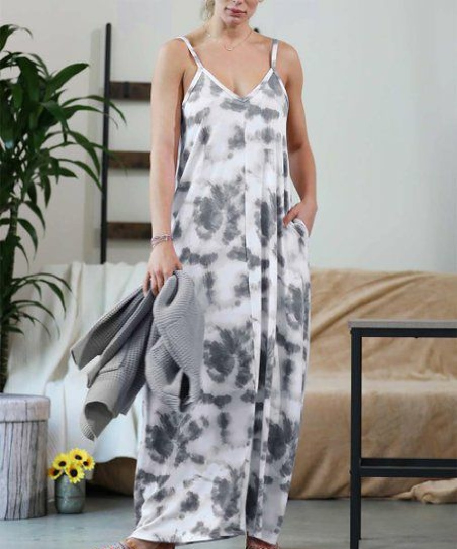 Women * | Flash Sale 42Pops Gray Tie-Dye V-Neck Camisole Maxi Dress Women