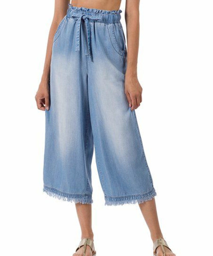 Women * | Deals 42Pops Medium Blue Chambray Wide-Leg Pocket Crop Paper-Bag Jeans Women