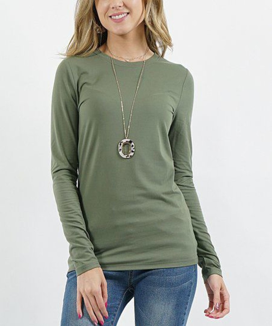 Women * | Buy 42Pops Light Olive Crewneck Long-Sleeve Top Women