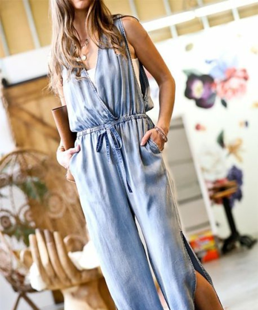 Women * | Best Pirce 42Pops Light Denim Blue Sleeveless Drawstring-Waist Slit-Leg Pocket Jumpsuit Women