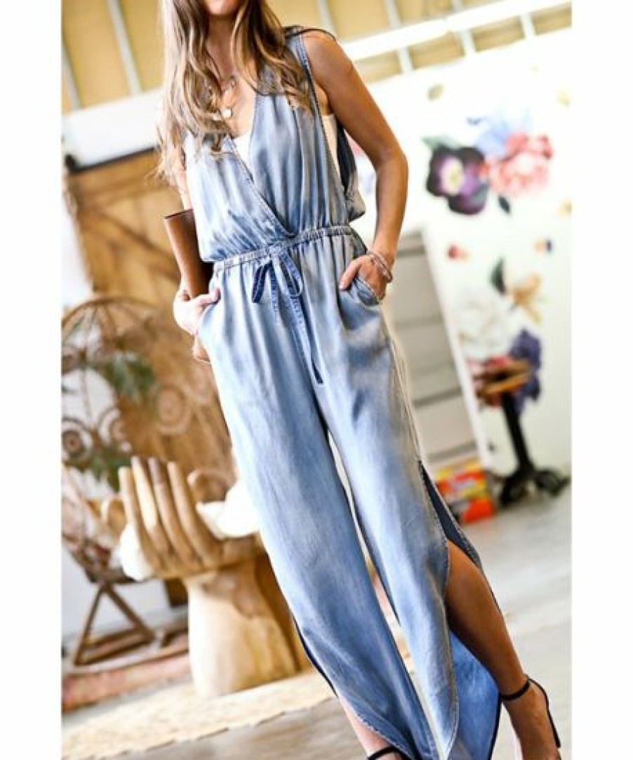 Women * | Best Pirce 42Pops Light Denim Blue Sleeveless Drawstring-Waist Slit-Leg Pocket Jumpsuit Women