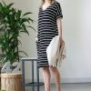 Women * | Cheapest 42Pops Black & Ivory V-Neck Rolled Short-Sleeve Pocket Shift Dress Women