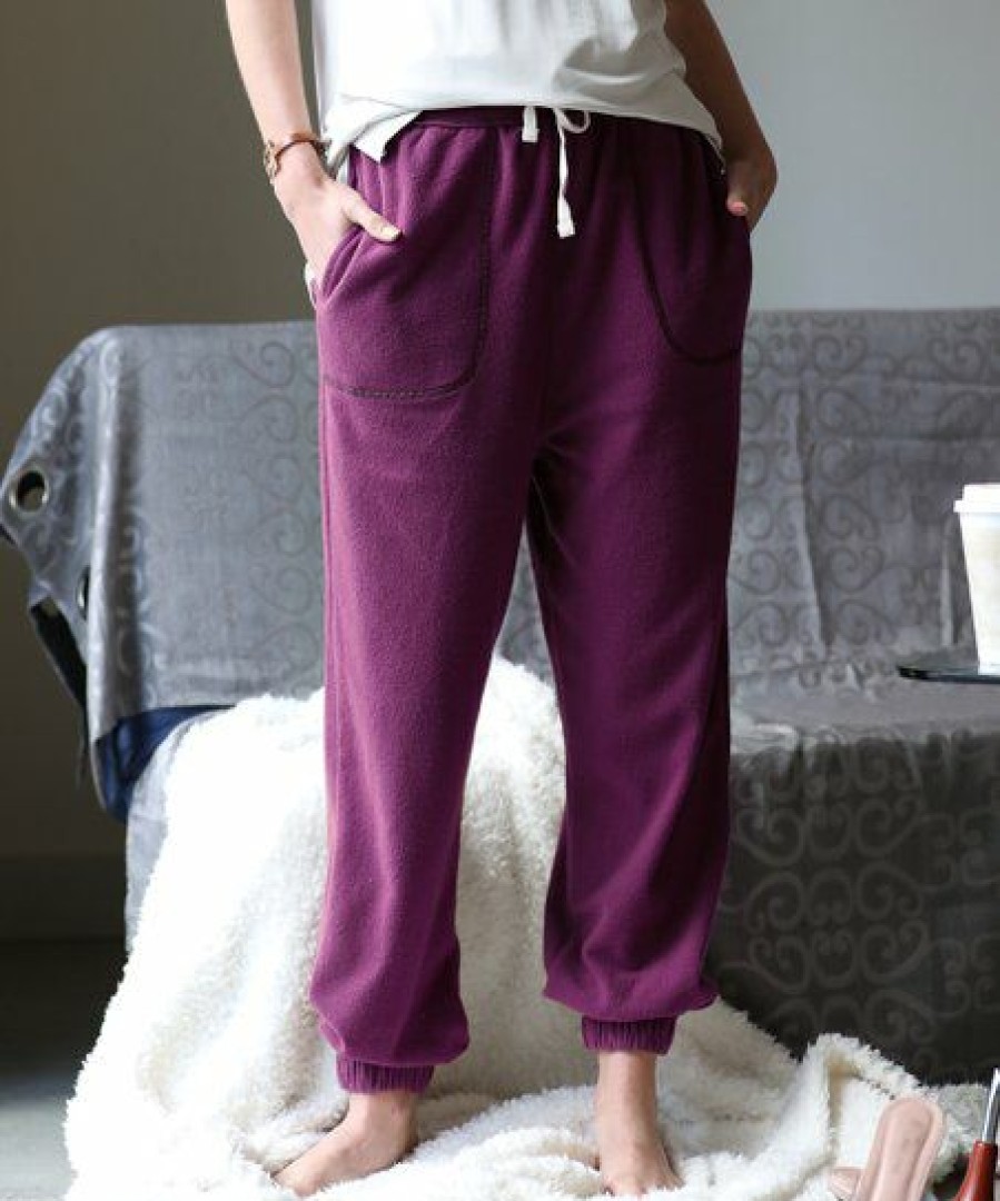 Women * | Wholesale 42Pops Dark Plum Towel-Brushed Stitch Drawstring Pocket Joggers Women