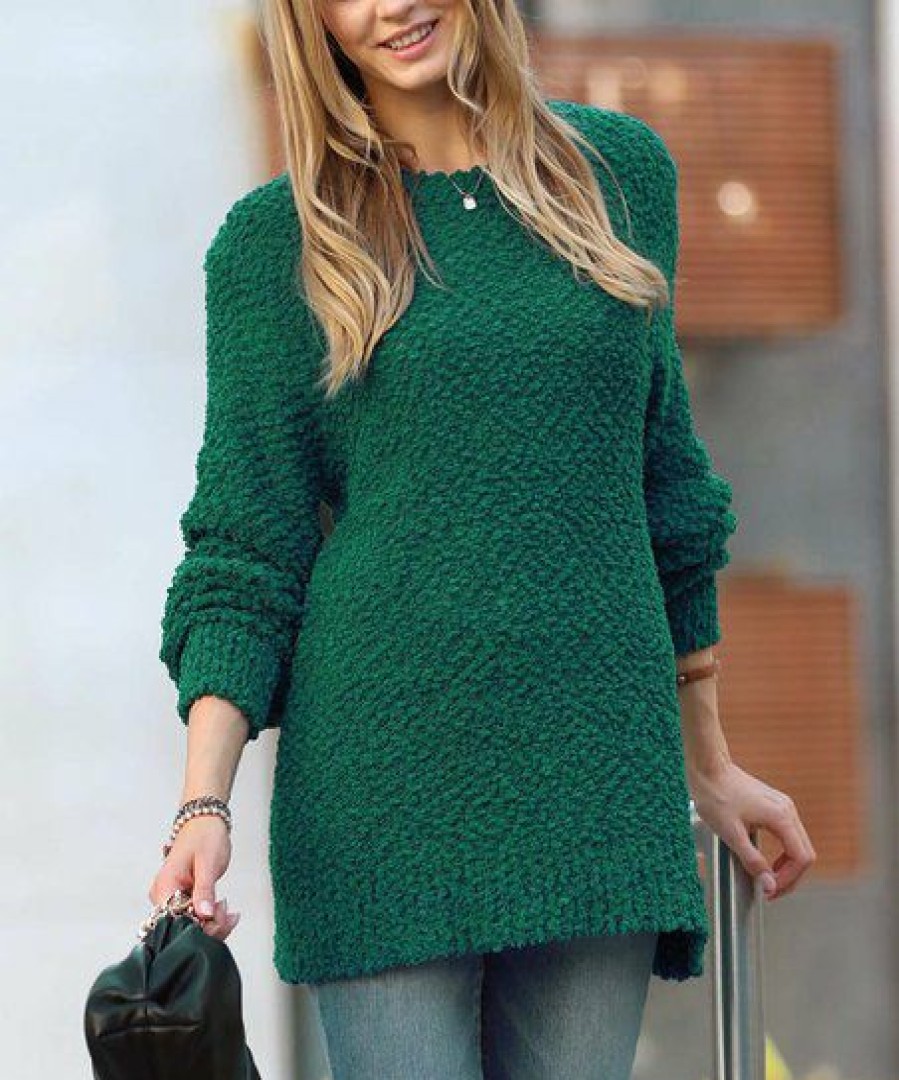 Women * | Best Sale 42Pops Dark Green Popcorn-Texture Crewneck Bishop-Sleeve Sweater Plus