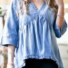 Other * | Budget 42Pops Denim Blue Ruffle V-Neck Three-Quarter Sleeve Hi-Low Tunic Women