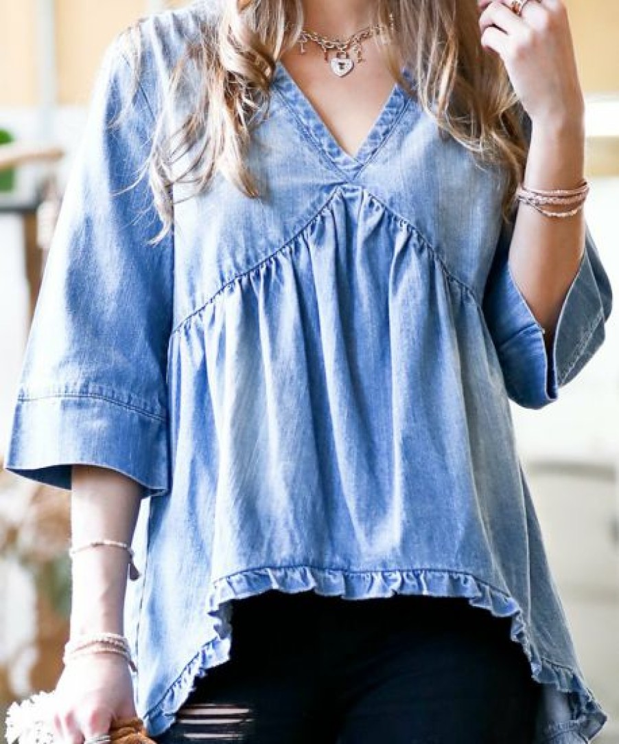 Other * | Budget 42Pops Denim Blue Ruffle V-Neck Three-Quarter Sleeve Hi-Low Tunic Women