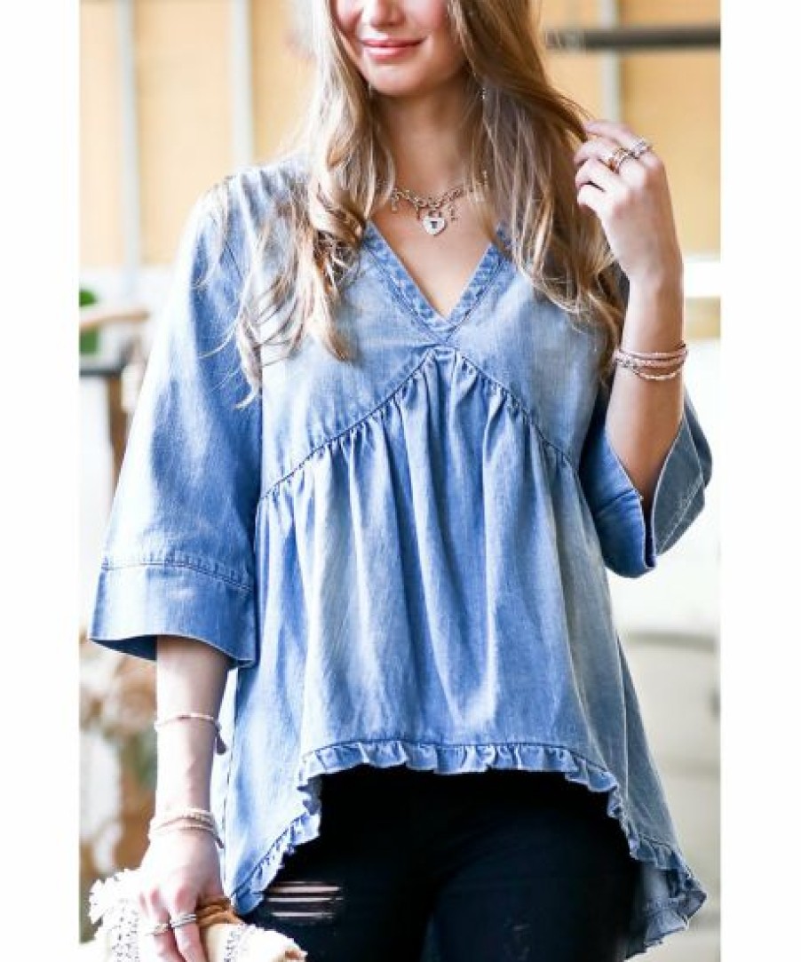 Other * | Budget 42Pops Denim Blue Ruffle V-Neck Three-Quarter Sleeve Hi-Low Tunic Women