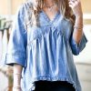 Women * | Best Reviews Of 42Pops Blue Denim Ruffle-Trim Three-Quarter Sleeve Swing Top Women