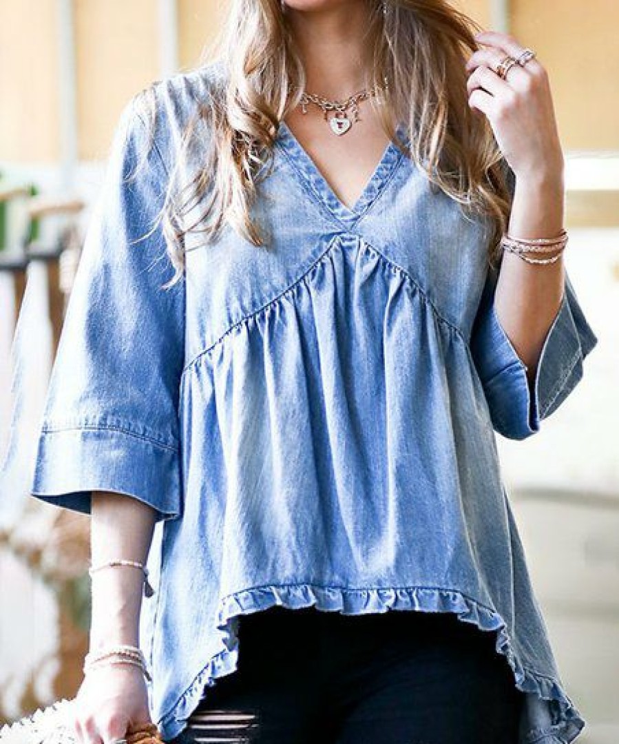 Women * | Best Reviews Of 42Pops Blue Denim Ruffle-Trim Three-Quarter Sleeve Swing Top Women