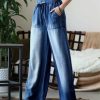 Women * | Cheapest 42Pops Dark Blue Chambray Paper Bag-Waist Wide-Leg Pocket Pants Women