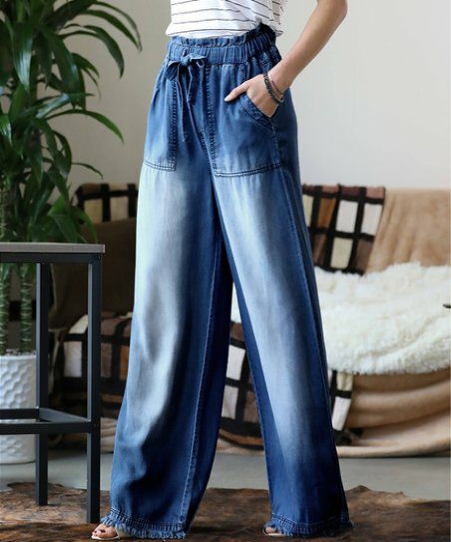 Women * | Cheapest 42Pops Dark Blue Chambray Paper Bag-Waist Wide-Leg Pocket Pants Women