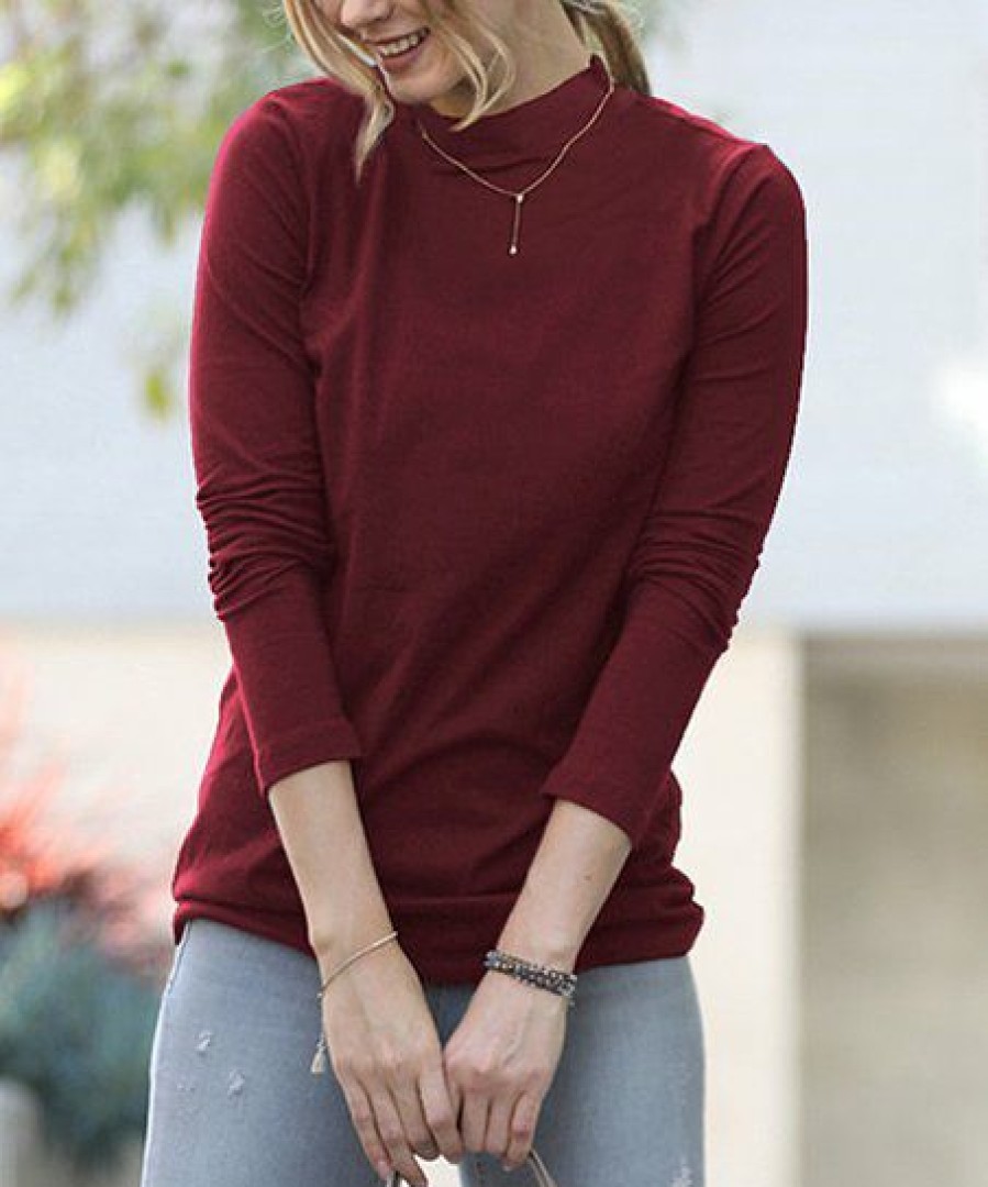 Women * | Outlet 42Pops Dark Burgundy Slim-Fit Mock Neck Long-Sleeve Top Women