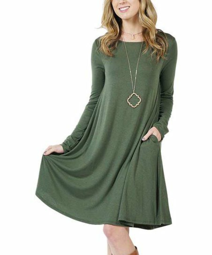 Women * | Hot Sale 42Pops Army Green Crewneck Long-Sleeve Pocket Shift Dress Women