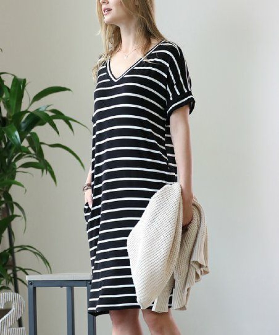 Women * | Cheap 42Pops Black & Ivory Stripe V-Neck Short-Sleeve Pocket Dress Women