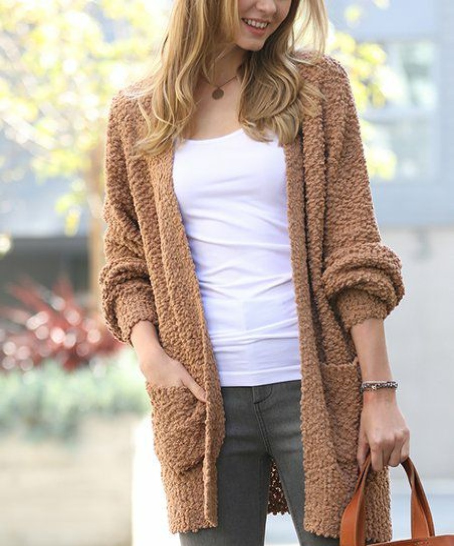 Women * | Best Pirce 42Pops Deep Camel Popcorn Pocket Open Cardigan Women