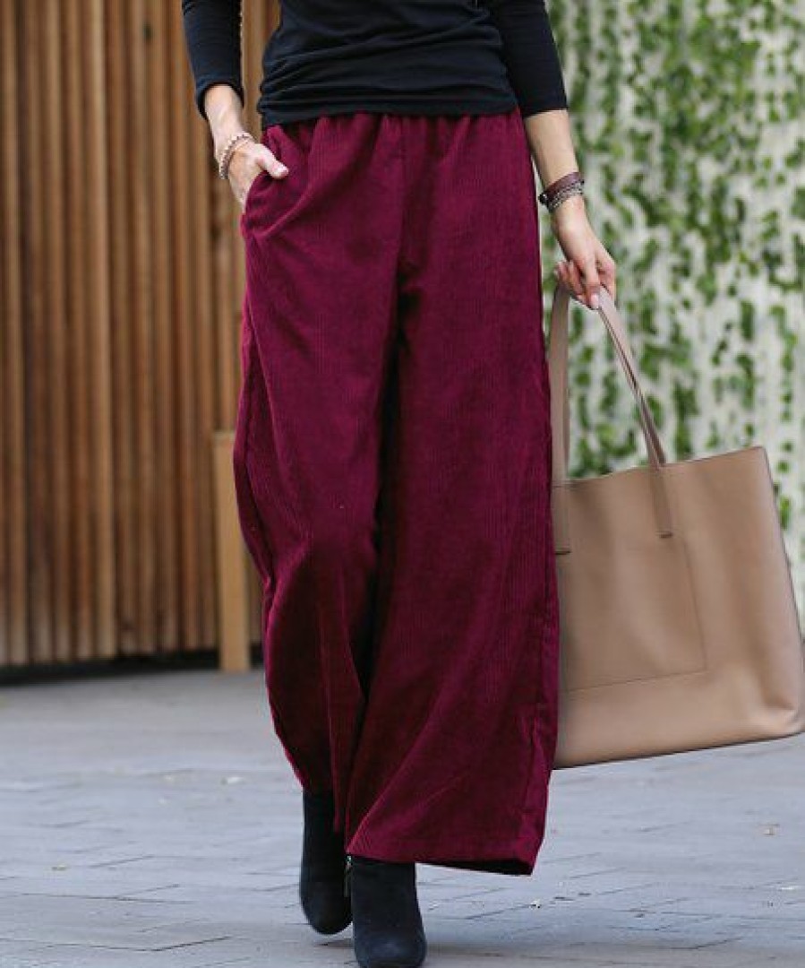 Women * | Best Deal 42Pops Dark Burgundy Corduroy Pocket Wide-Leg Pants Women