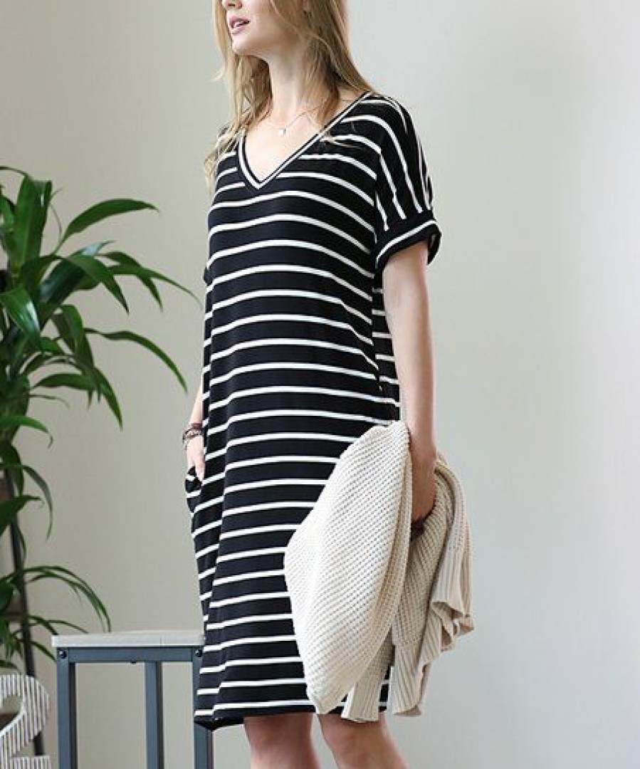 Women * | Coupon 42Pops Black & Ivory Stripe V-Neck Short-Sleeve Pocket T-Shirt Dress Women