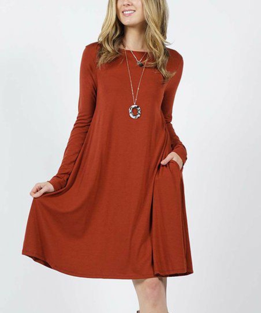 Women * | Best Pirce 42Pops Dark Rust Boatneck Long-Sleeve Pocket Shift Dress Women