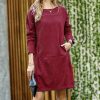 Women * | Best Reviews Of 42Pops Dark Burgundy Long-Sleeve Corduroy Pocket Mini Dress Women