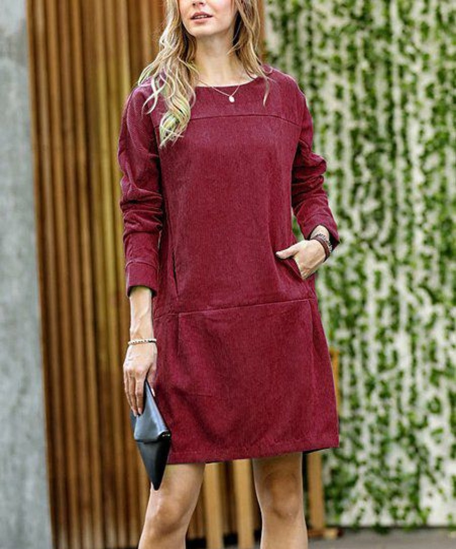 Women * | Best Reviews Of 42Pops Dark Burgundy Long-Sleeve Corduroy Pocket Mini Dress Women