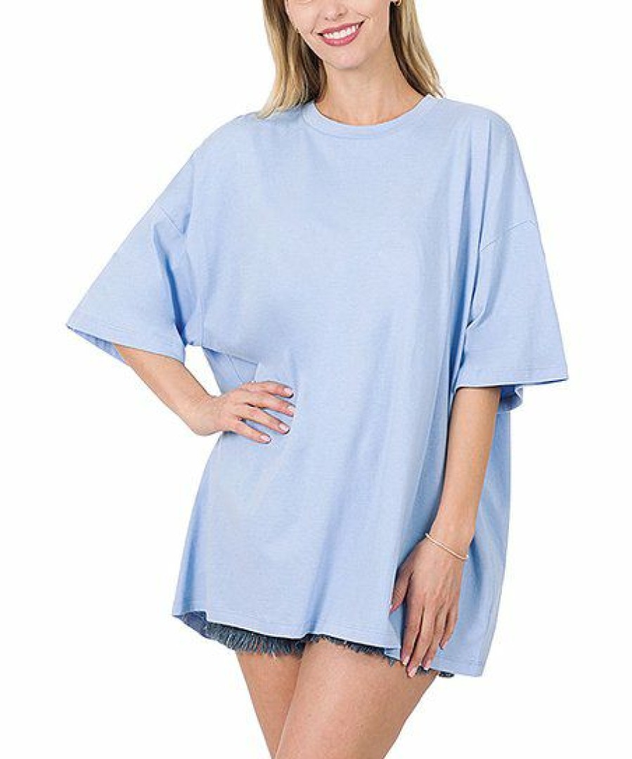 Other * | Top 10 42Pops Cream Blue Drop Shoulder Crewneck Short-Sleeve Oversize Tee Women