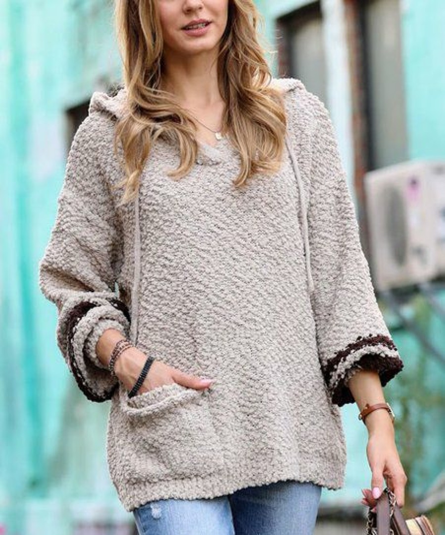 Women * | Best Sale 42Pops Light Mocha & Brown Popcorn Stripe-Sleeve Hooded Pocket Sweater Women