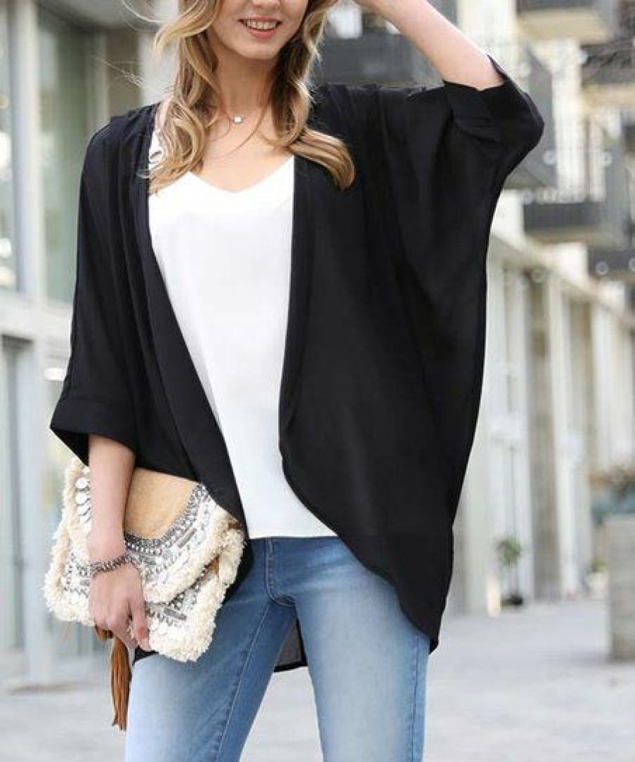 Women * | Best Sale 42Pops Black Shoulder-Pleat Chiffon Open Cardigan Women