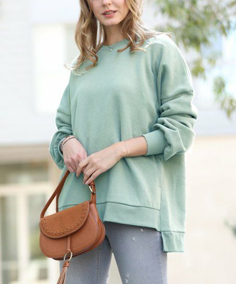 Other * | Coupon 42Pops Light Green Crewneck Long-Sleeve Hi-Low Pocket Sweatshirt Women