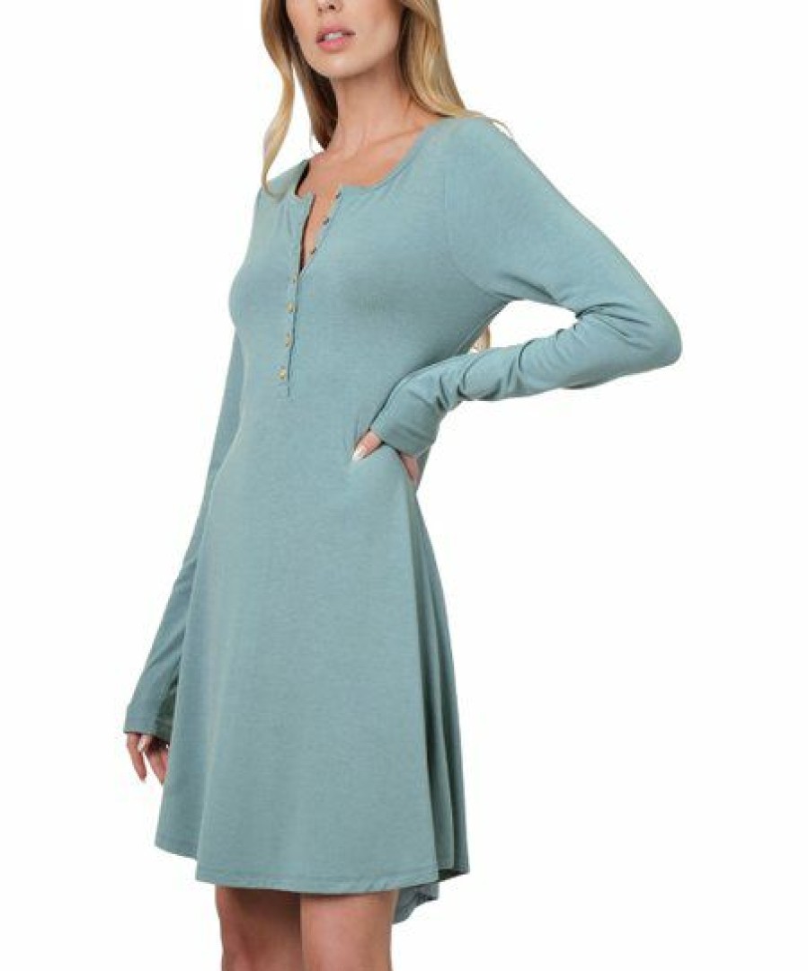 Women * | Top 10 42Pops Blue-Gray Long-Sleeve Button-Front Shift Dress Women