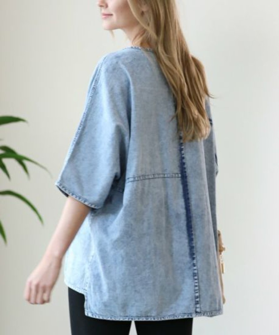 Women * | Brand New 42Pops Medium Chambray Oversize Round Neck Hi-Low Top Women