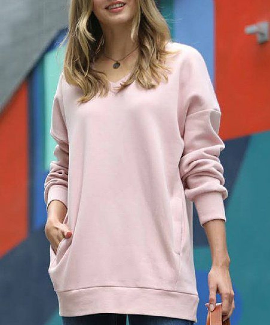 Women * | Hot Sale 42Pops Cream-Mauve V-Neck Pocket Sweatshirt Women