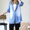 Women * | Wholesale 42Pops Medium Blue Faded Distressed Hi-Low Button-Up Women