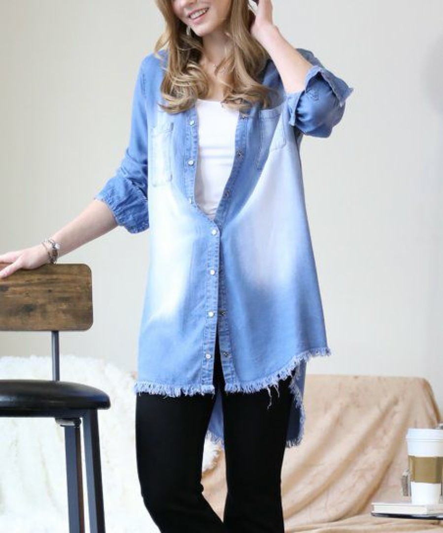 Women * | Wholesale 42Pops Medium Blue Faded Distressed Hi-Low Button-Up Women