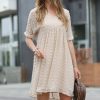 Women * | Discount 42Pops Beige Swiss Dot V-Neck Empire-Waist Dress Women